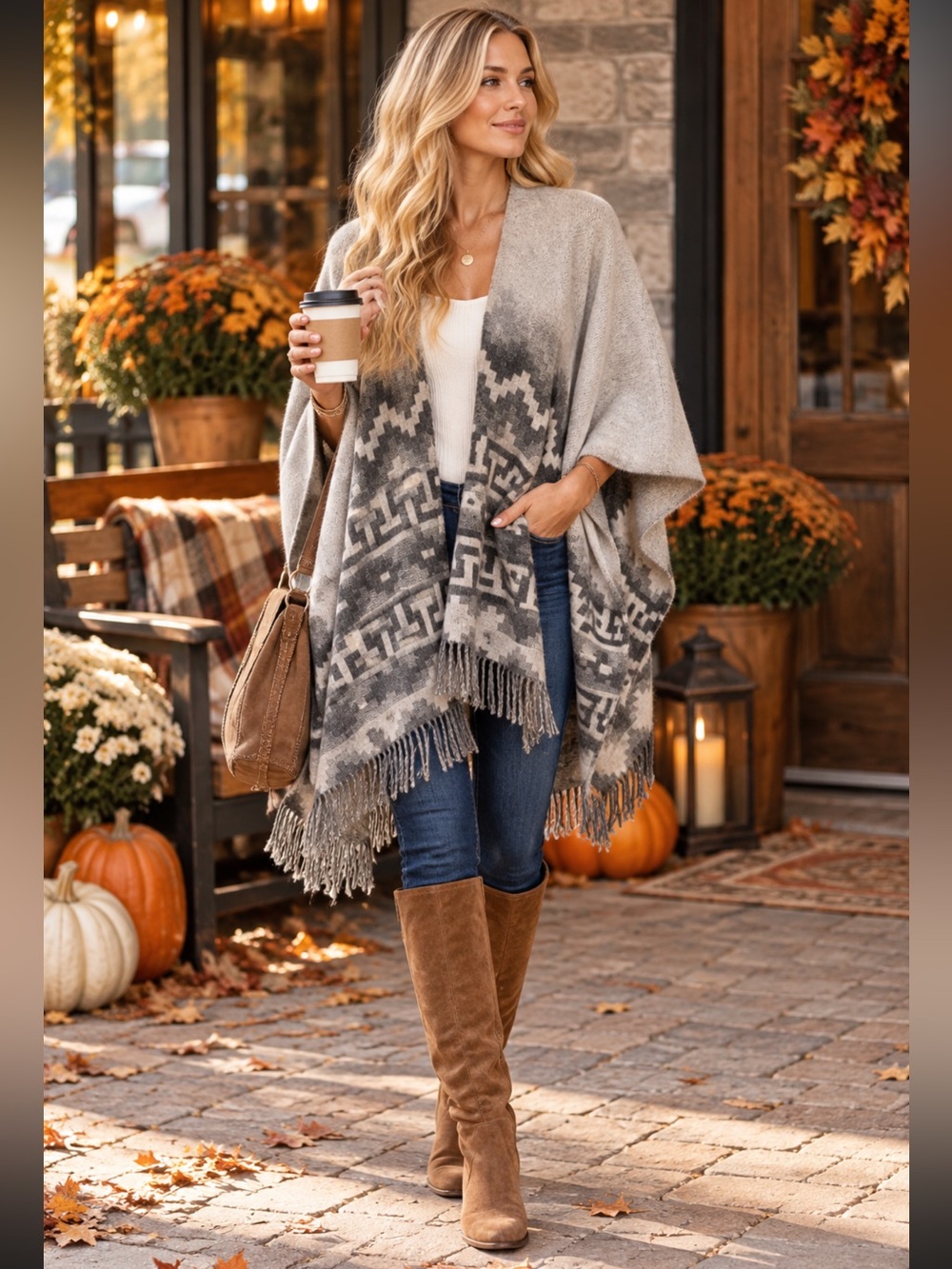 Neiman Marcus 100% Wool Split Shawl Poncho Women’s One Size Aztec Fringe